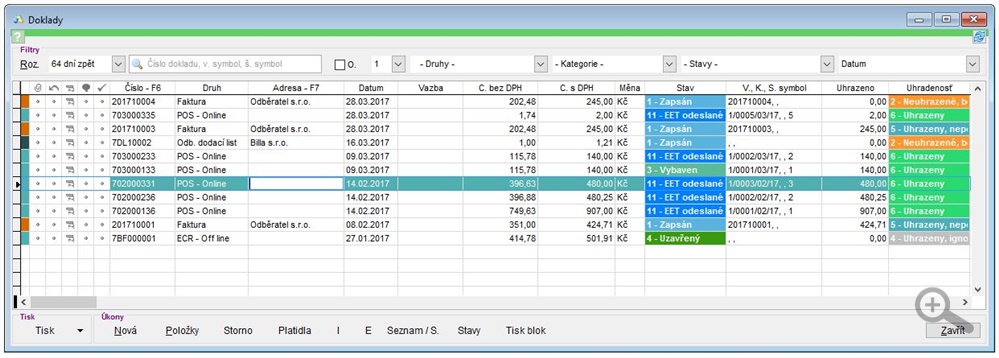 Seznam finančních dokladů v aplikaci Seznam finančních dokladů v aplikaci