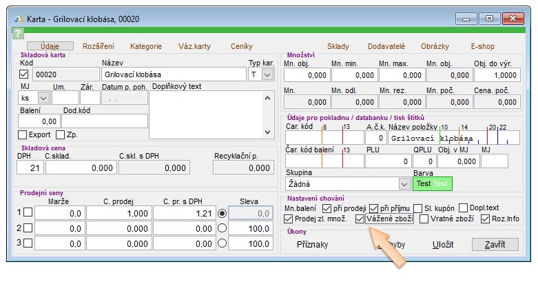 Nastavení chování skladové karty Nastavení chování skladové karty