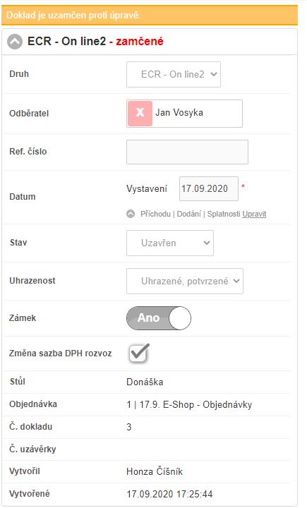 Formul&aacute;ř &uacute;pravy pokladn&iacute;ho dokladu.