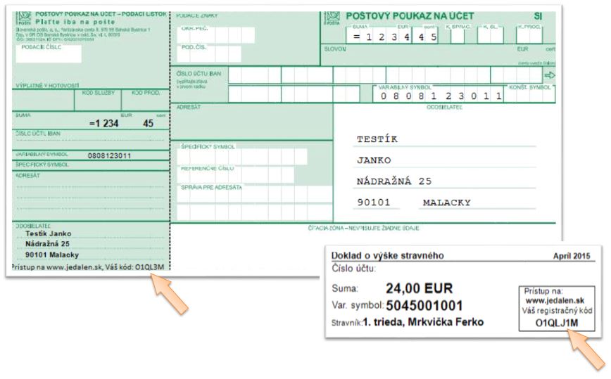 Podklad k úhrade s vygenerovaným prihlasovacím kódom Podklad k úhrade s vygenerovaným prihlasovacím kódom