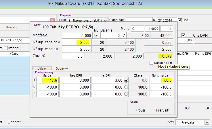 Príjem položky na sklad Zobrazenie marže a Nominálnej marže na príjemke