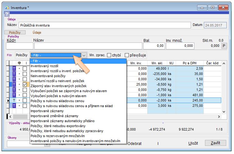 Filtrování položek v inventuře Filtrování položek v inventuře