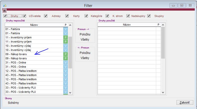 Druhy pohybov v rozboroch aplikácie Zobrazenie druhov pohybov/dokladov v rozboroch aplikacie
