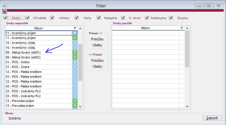 Druhy pohybov v Rozboroch aplikácie po úprave nastavenia Zobrazenie druhov pohybov v rozboroch aplikacie po uprave nastavenia