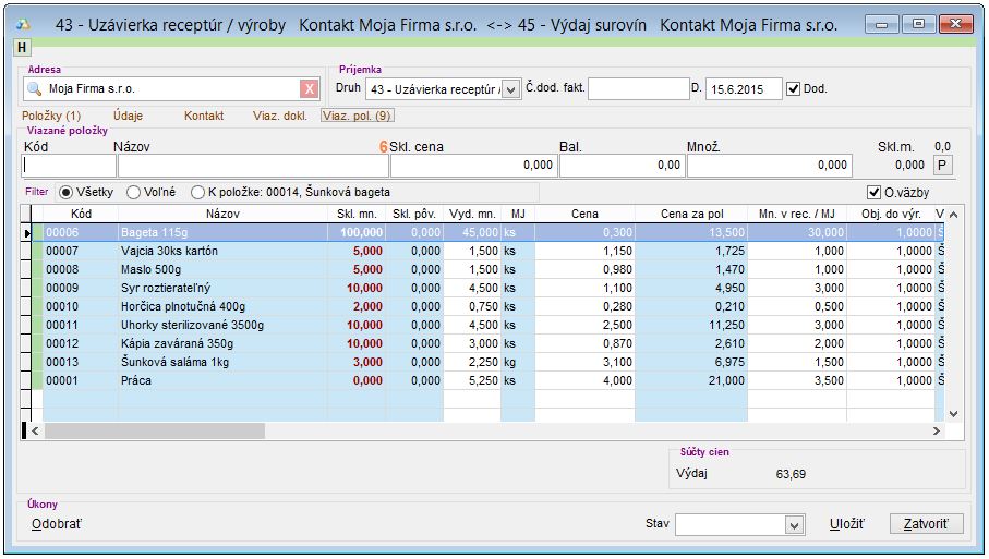 Výroba - viazané položky pred úpravou množstiev Výroba - viazané položky pred úpravou množstiev